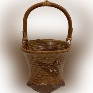 Vintage Studio Pottery Vessel Ikebana Bamboo Handle Signed (00499)